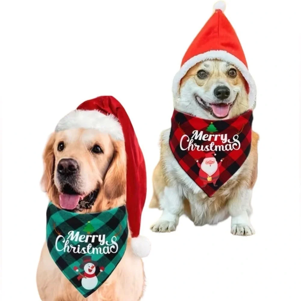 Christmas Dog Bandannas Tartan Plaid Merry Christmas Tie On 19” OS 2 PC Set